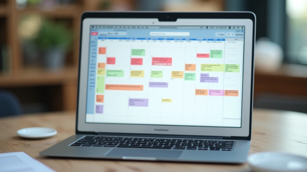 Digitale kalender op scherm met gekleurde blokken voor persoonlijke tijd ingedeeld