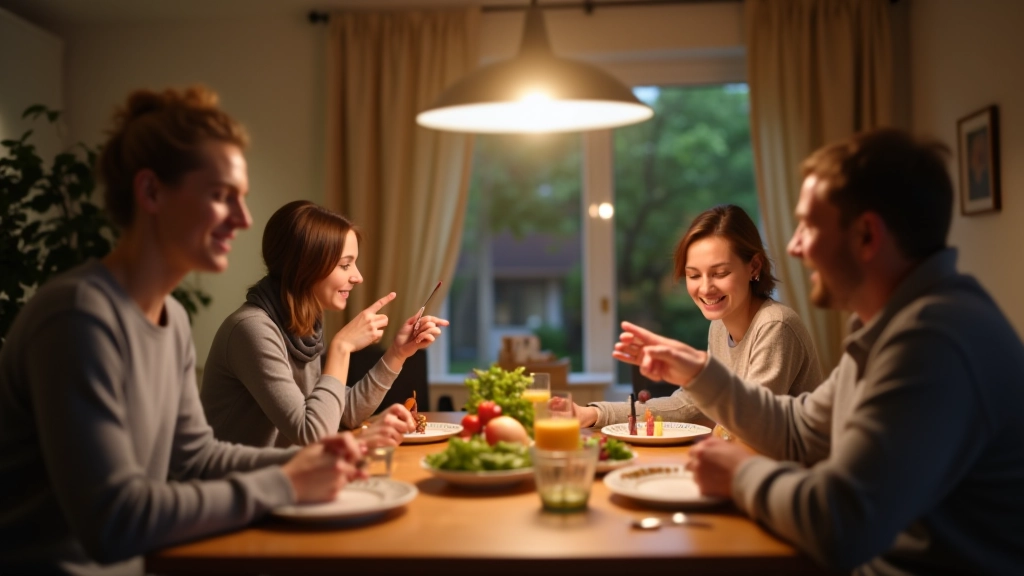 Gezin aan eettafel samen aan het eten in gezellige thuisomgeving