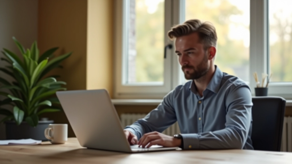 Professionele man aan bureau met laptop en kopje koffie, ochtendlicht door raam, rustige werkplek