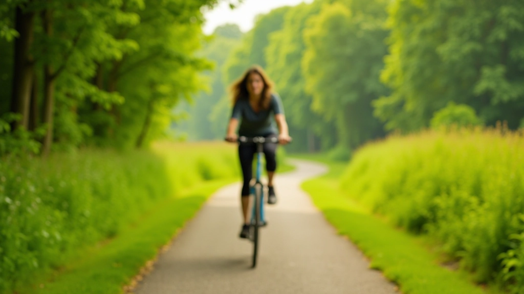 Fietser in Nederlands landschap, groen veld op achtergrond, zonnig weer