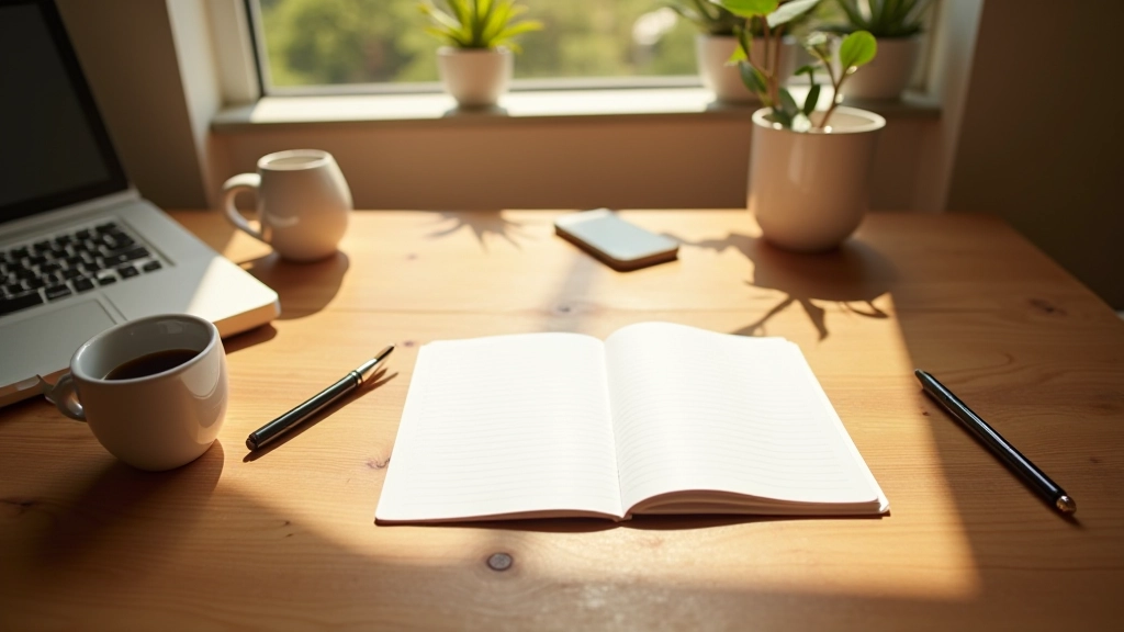 Houten bureau met notitieboekje, koffiekopje en een potlood in zacht ochtendlicht